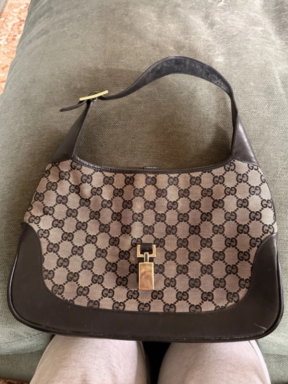Authentic Gucci GG Pattern Shoulder Bag Beige/Brown Buckle Closure Gold Hardware